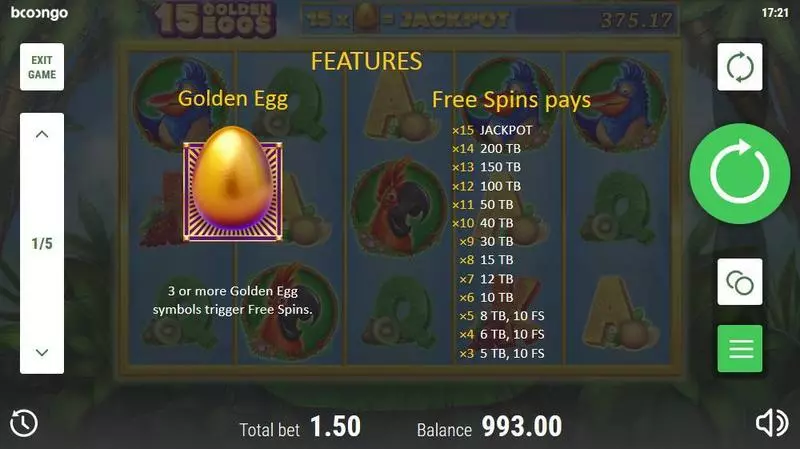 15 Golden Eggs Fun Slot Game made by Booongo with 5 Reel and 15 Line