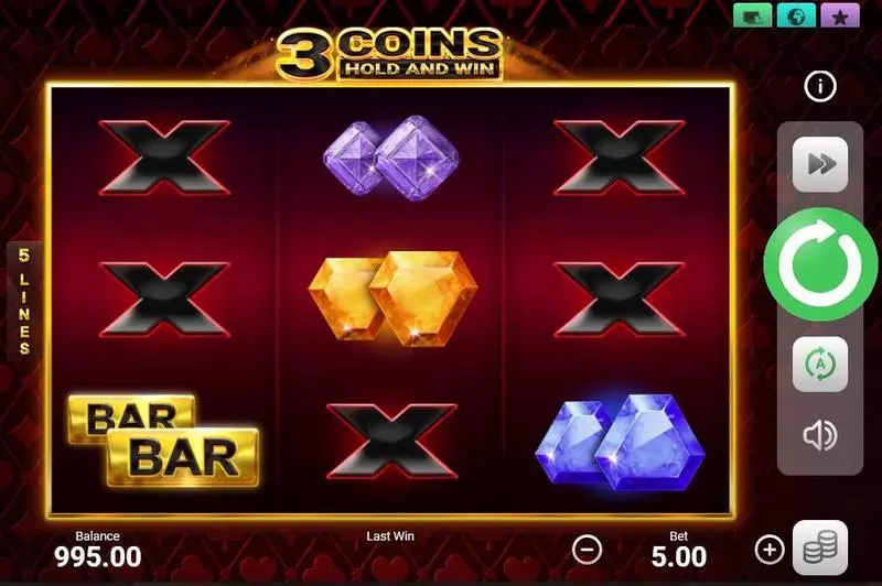 3 Coins Fun Slot Game made by Booongo with 3 Reel and 5 Line