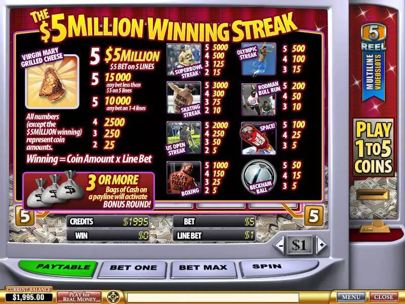 5 Million Winning Streak Fun Slot Game made by PlayTech with 5 Reel and 5 Line