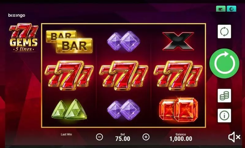 777 Gems Fun Slot Game made by Booongo with 3 Reel and 5 Line