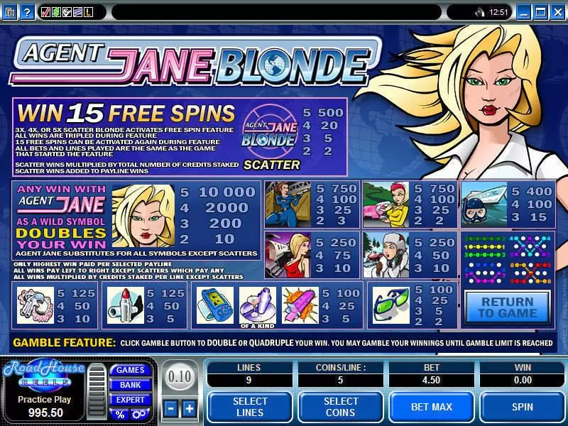 Agent Jane Blonde Fun Slot Game made by Microgaming with 5 Reel and 9 Line