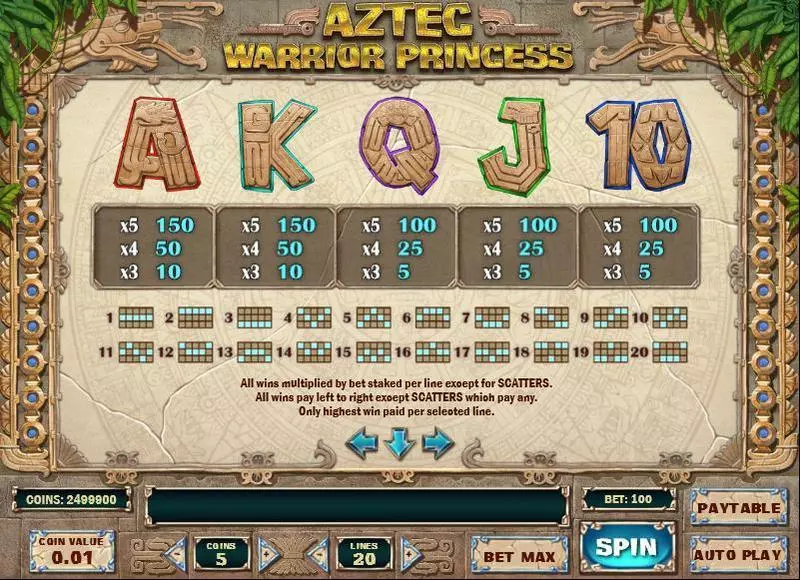 Aztec Warrior Princess Fun Slot Game made by Play'n GO with 5 Reel and 20 Line