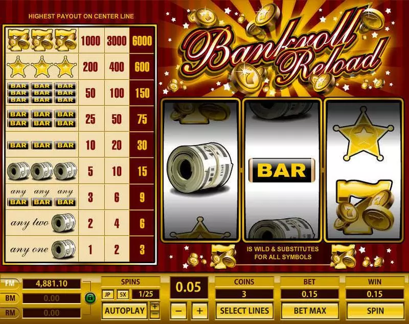 Bankroll Reload 1 Line Fun Slot Game made by Topgame with 3 Reel and 1 Line