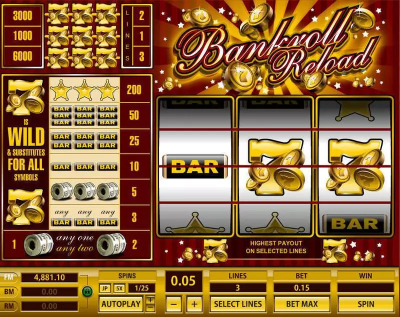 Bankroll Reload 3 Lines Fun Slot Game made by Topgame with 3 Reel and 3 Line