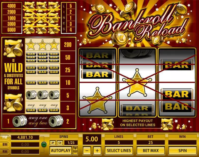 Bankroll Reload 5 Lines Fun Slot Game made by Topgame with 3 Reel and 5 Line