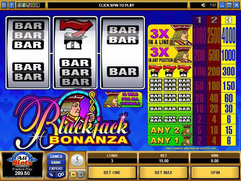 Blackjack Bonanza Fun Slot Game made by Microgaming with 3 Reel and 1 Line
