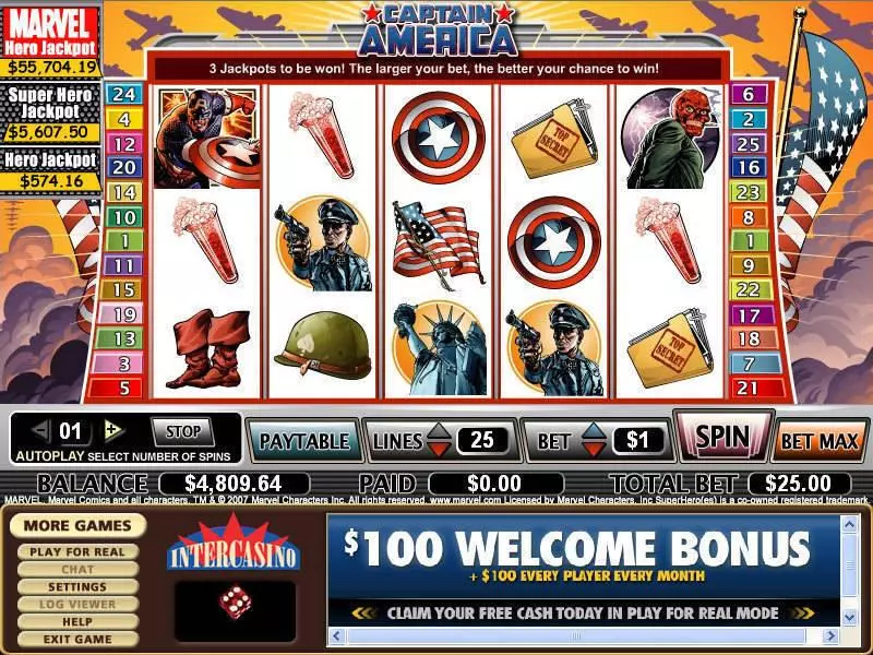 Captain America Fun Slot Game made by CryptoLogic with 5 Reel and 25 Line
