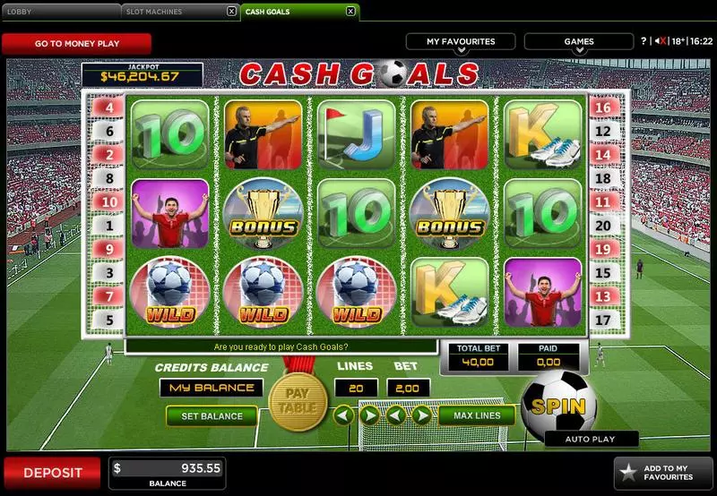 Cash Goals Fun Slot Game made by 888 with 5 Reel and 20 Line