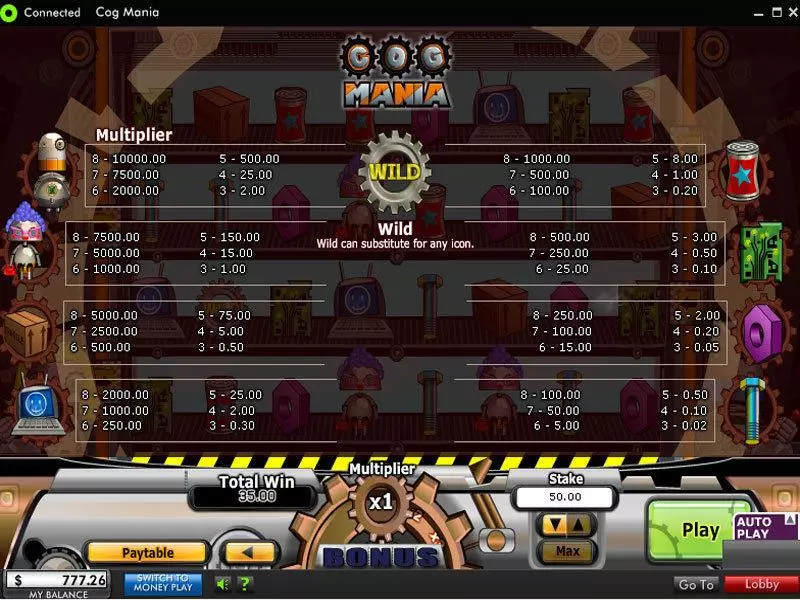 Cog Mania Fun Slot Game made by 888 with 4 Reel and 12 Line