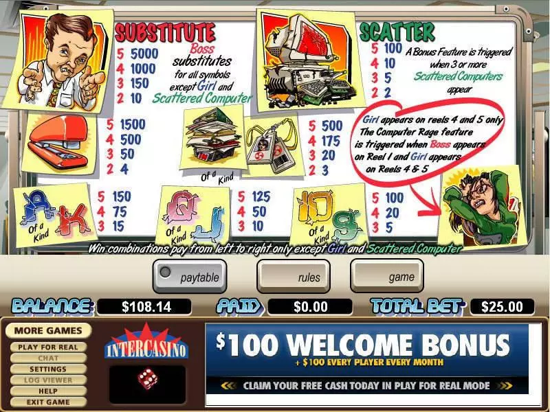 Computer Rage Fun Slot Game made by CryptoLogic with 5 Reel and 25 Line