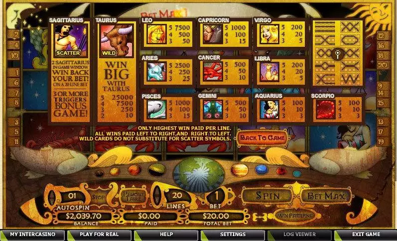 Daily Horoscope Fun Slot Game made by CryptoLogic with 5 Reel and 20 Line