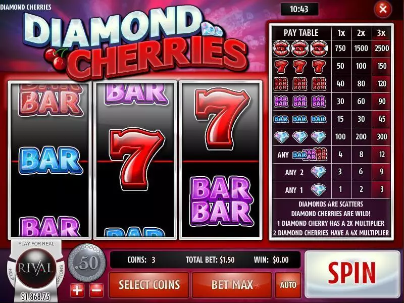 Diamond Cherries Fun Slot Game made by Rival with 3 Reel and 1 Line