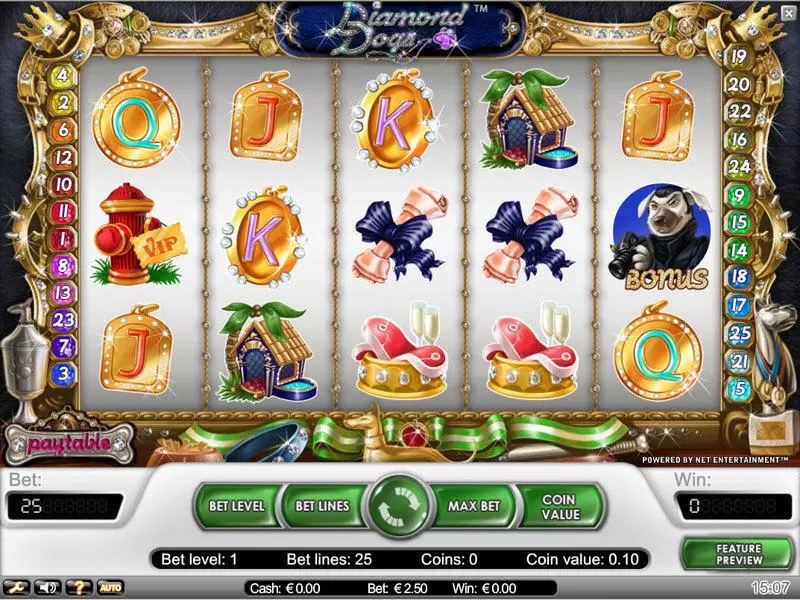 Diamond Dogs Fun Slot Game made by NetEnt with 5 Reel and 25 Line