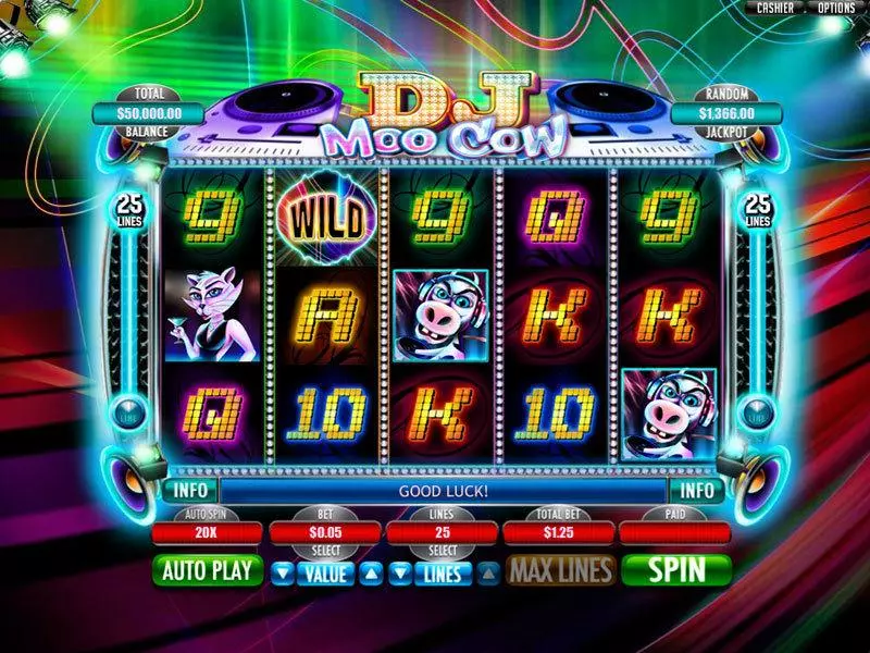 DJ Moo Cow Fun Slot Game made by RTG with 5 Reel and 25 Line