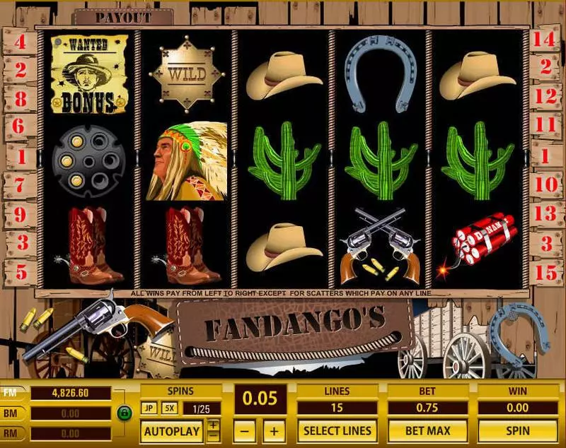 Fandango's 15 Lines Fun Slot Game made by Topgame with 5 Reel and 15 Line