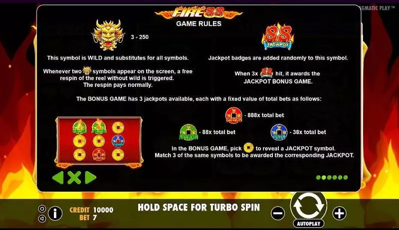 Fire 88 Fun Slot Game made by Pragmatic Play with 3 Reel and 7 Line