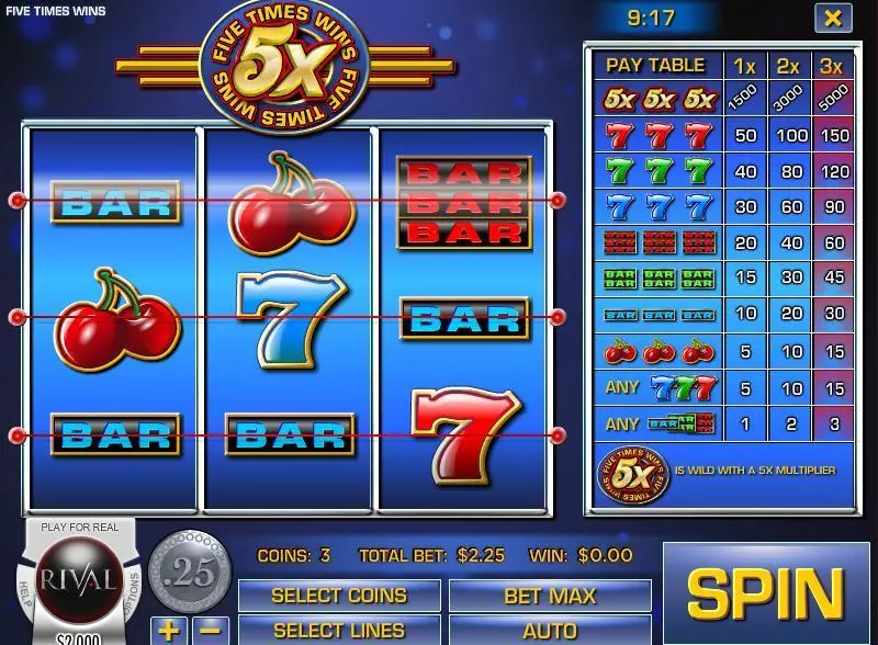 Five Times Wins Fun Slot Game made by Rival with 3 Reel and 3 Line