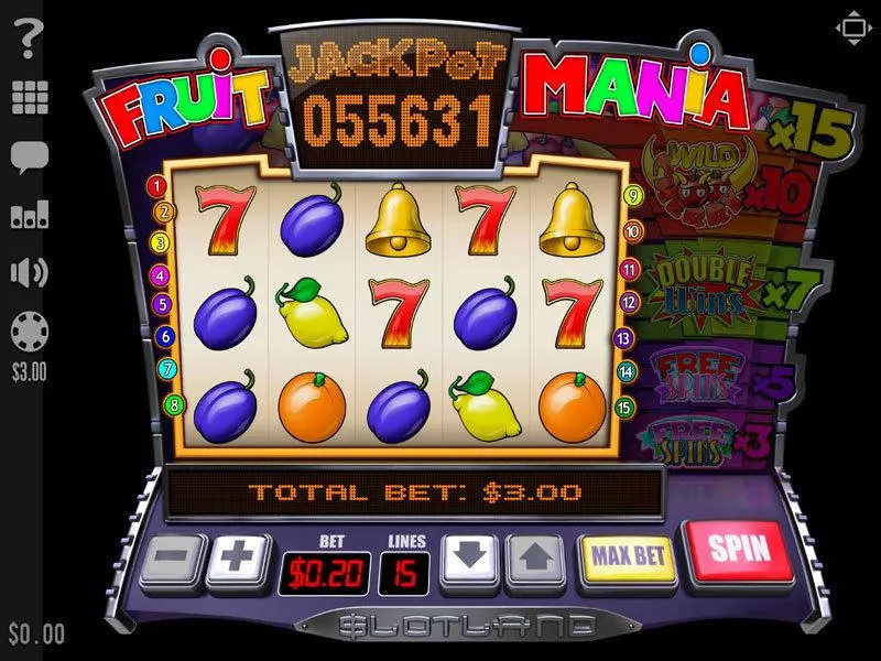 Fruit Mania Fun Slot Game made by Slotland Software with 5 Reel and 15 Line