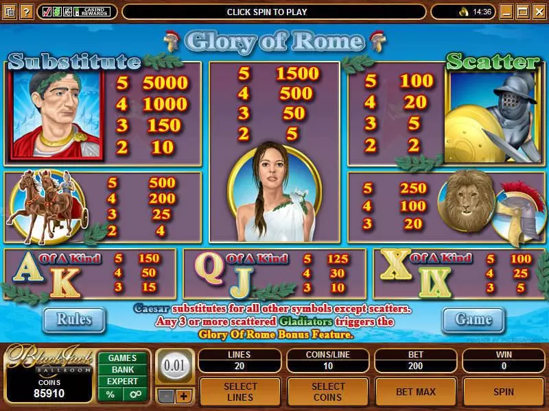 Glory of Rome Fun Slot Game made by Microgaming with 5 Reel and 20 Line