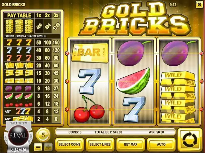 Gold Bricks Fun Slot Game made by Rival with 3 Reel and 3 Line