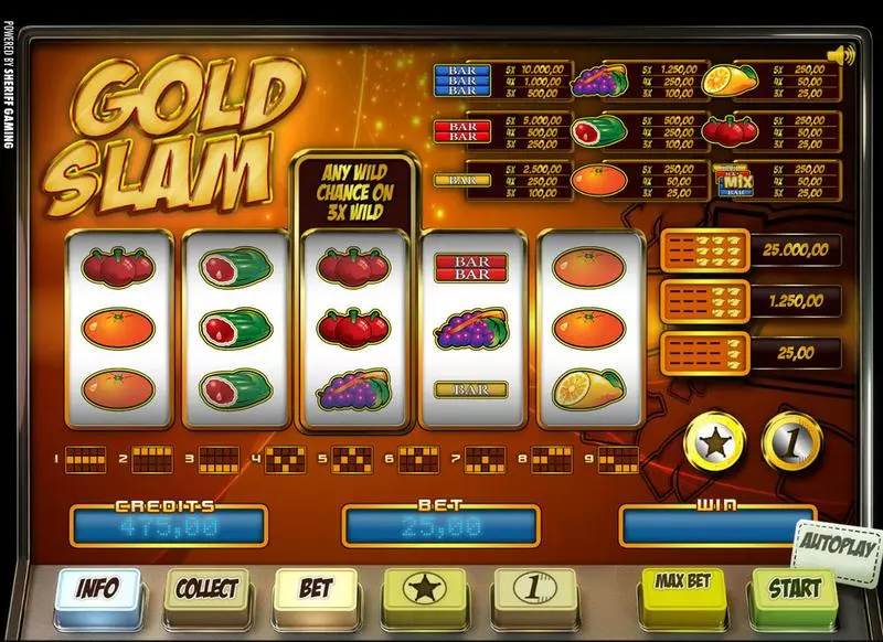Gold Slam Fun Slot Game made by Sheriff Gaming with 5 Reel and 9 Line