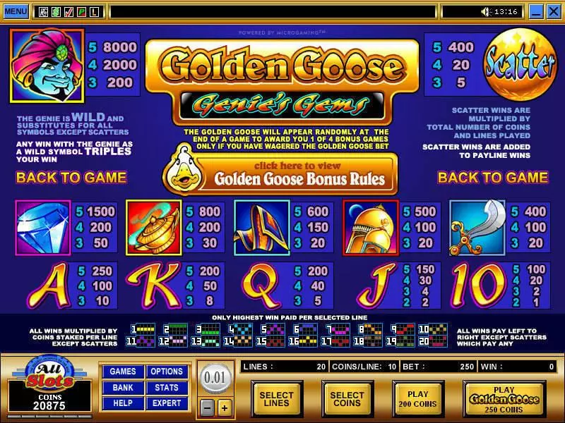 Golden Goose - Genie's Gems Fun Slot Game made by Microgaming with 5 Reel and 20 Line