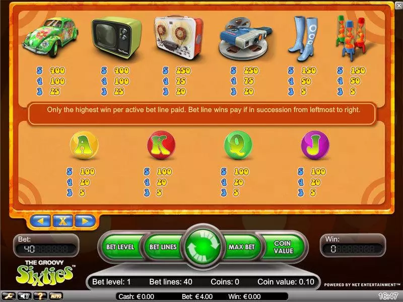 Groovy Sixties Fun Slot Game made by NetEnt with 5 Reel and 40 Line