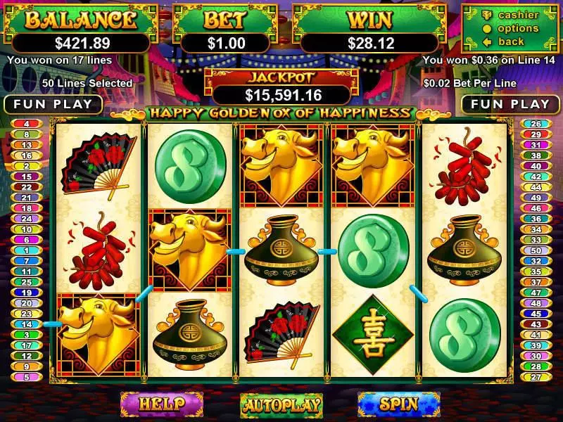 Happy Golden Ox of Happiness Fun Slot Game made by RTG with 5 Reel and 50 Line