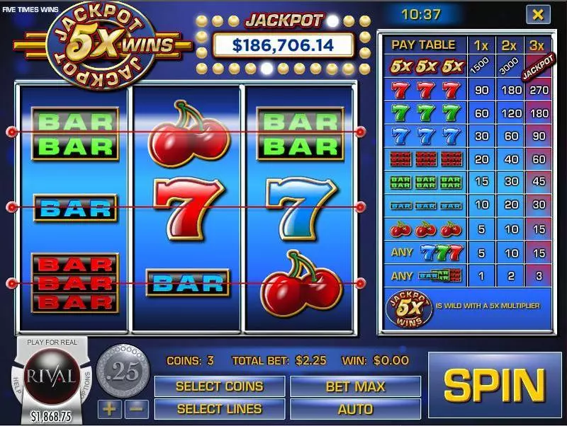 Jackpot 5x Wins Fun Slot Game made by Rival with 3 Reel and 3 Line