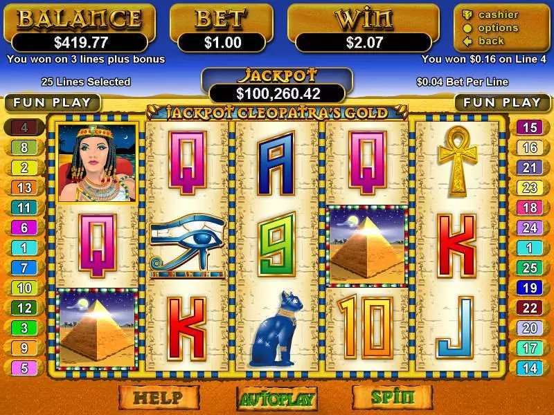 Jackpot Cleopatra's Gold Fun Slot Game made by RTG with 5 Reel and 25 Line