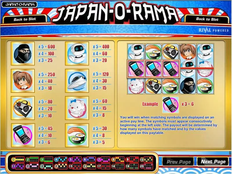 Japan-O-Rama Fun Slot Game made by Rival with 5 Reel and 20 Line