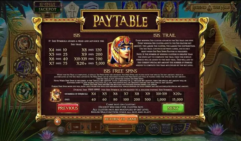 Legend of the Nile Fun Slot Game made by BetSoft with 6 Reel and 30 Line