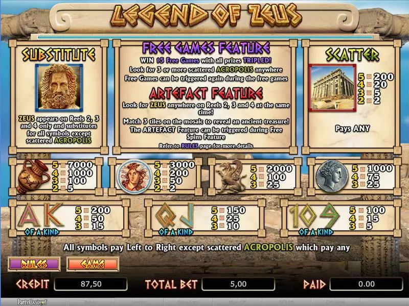 Legend of Zeus Fun Slot Game made by bwin.party with 5 Reel and 20 Line
