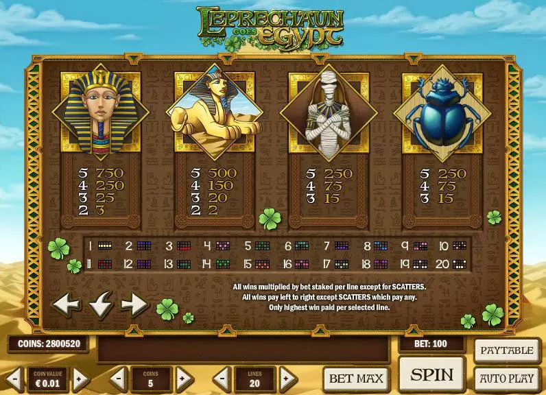 Leprechaun goes Egypt Fun Slot Game made by Play'n GO with 5 Reel and 20 Line