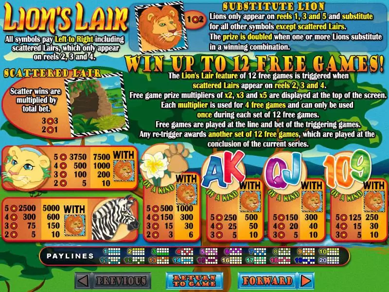 Lions Lair Fun Slot Game made by RTG with 5 Reel and 20 Line
