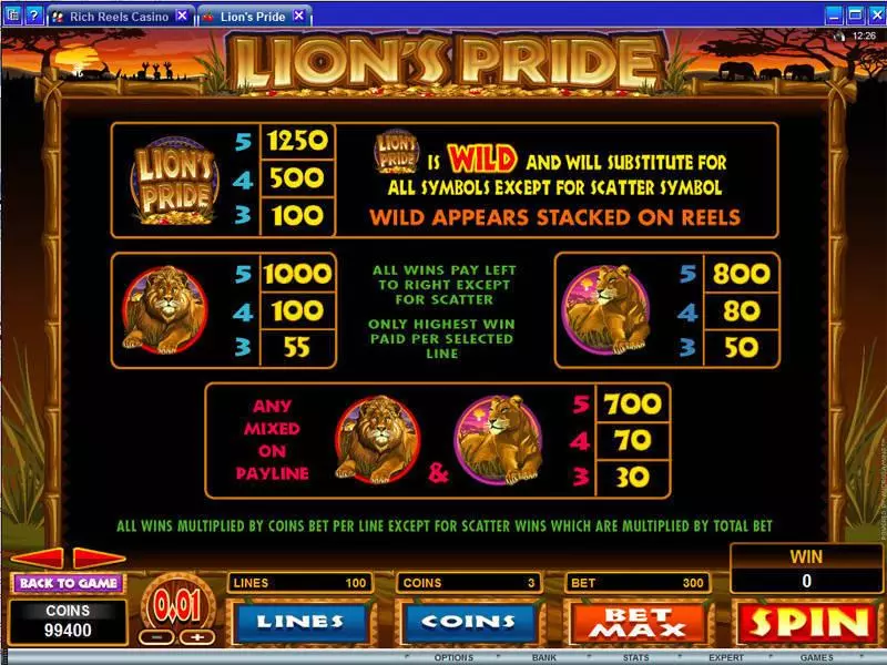 Lion's Pride Fun Slot Game made by Microgaming with 5 Reel and 100 Line