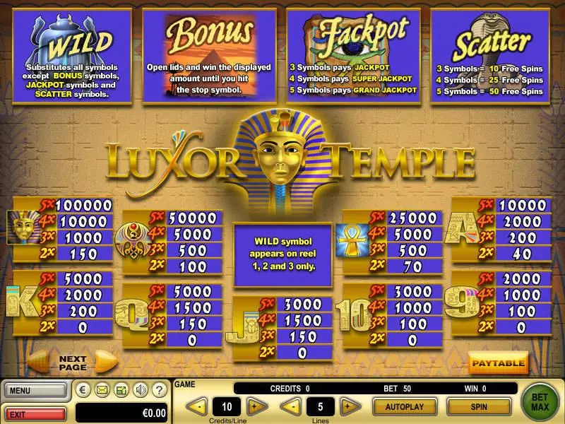 Luxor Temple Fun Slot Game made by GTECH with 5 Reel and 5 Line