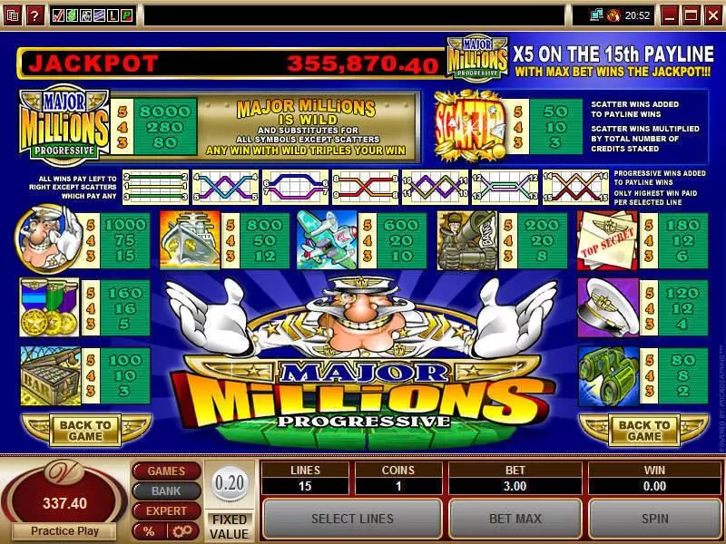 Major Millions 5-Reels Fun Slot Game made by Microgaming with 5 Reel and 15 Line
