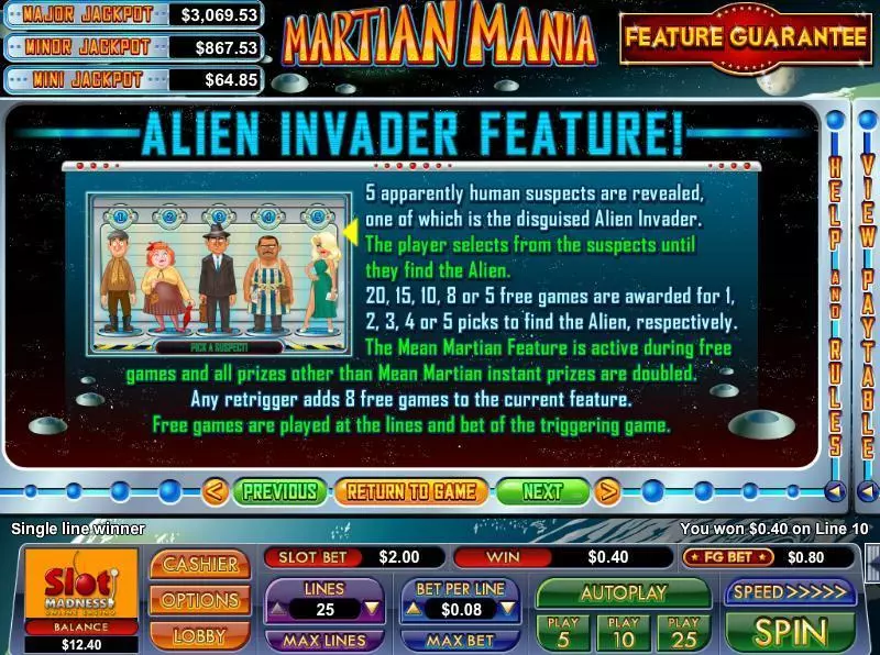 Martian Mania Fun Slot Game made by NuWorks with 5 Reel and 25 Line