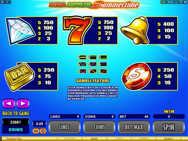 Mega Moolah Summertime Fun Slot Game made by Microgaming with 5 Reel and 9 Line