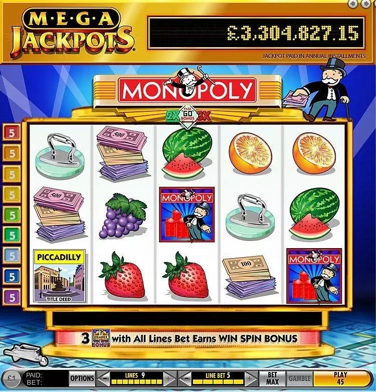 MegaJackpots Monopoly Pass Go Fun Slot Game made by IGT with 5 Reel 