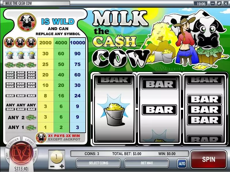 Milk the Cash Cow Fun Slot Game made by Rival with 3 Reel and 1 Line