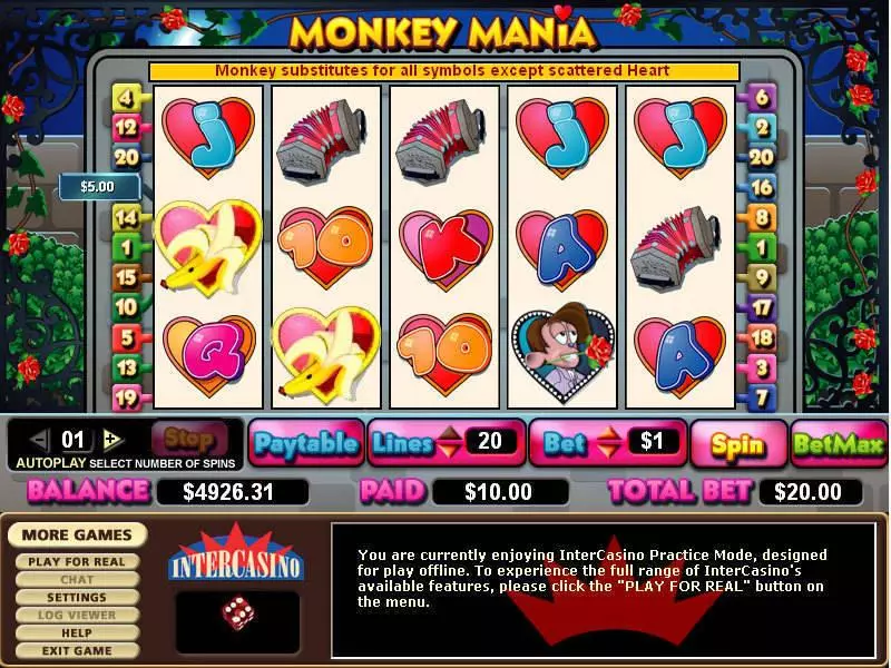 Monkey Mania Fun Slot Game made by CryptoLogic with 5 Reel and 20 Line