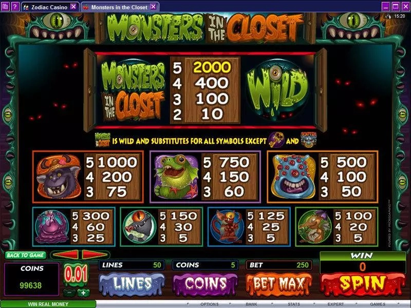 Monsters in the Closet Fun Slot Game made by Microgaming with 5 Reel and 50 Line