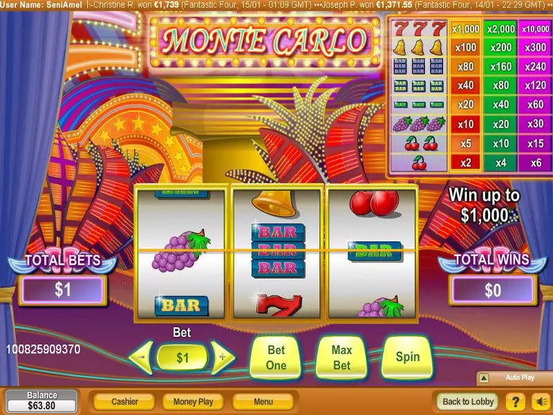 Monte Carlo Fun Slot Game made by NeoGames with 3 Reel and 1 Line