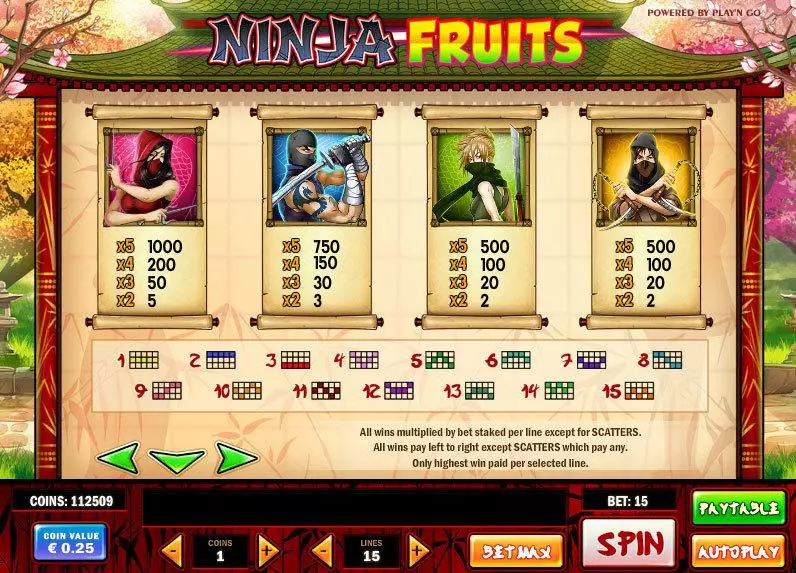 Ninja Fruits Fun Slot Game made by Play'n GO with 5 Reel and 15 Line