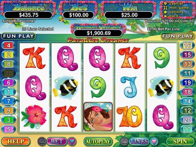 Paradise Dreams Fun Slot Game made by RTG with 5 Reel and 20 Line