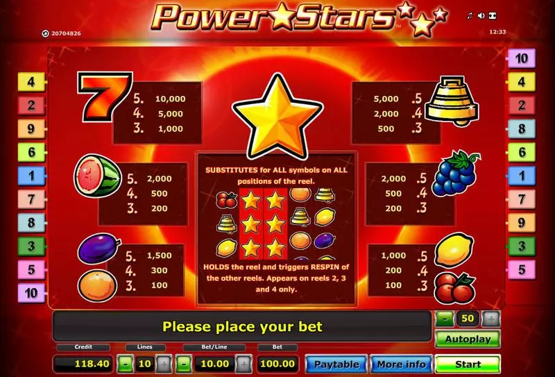Power Stars Fun Slot Game made by Novomatic with 5 Reel and 10 Line