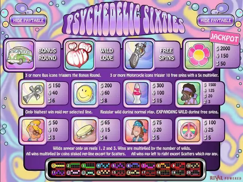 Psychedelic Sixties Fun Slot Game made by Rival with 5 Reel and 20 Line