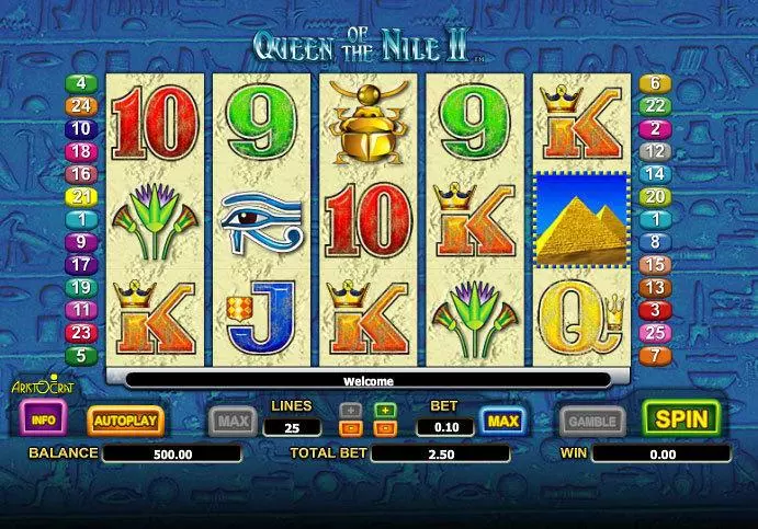 Queen of the Nile II Fun Slot Game made by Aristocrat with 5 Reel and 25 Line